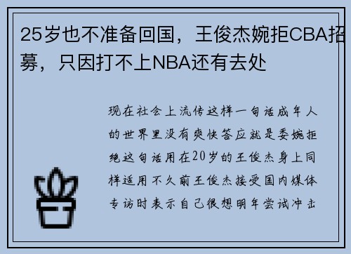 25岁也不准备回国，王俊杰婉拒CBA招募，只因打不上NBA还有去处